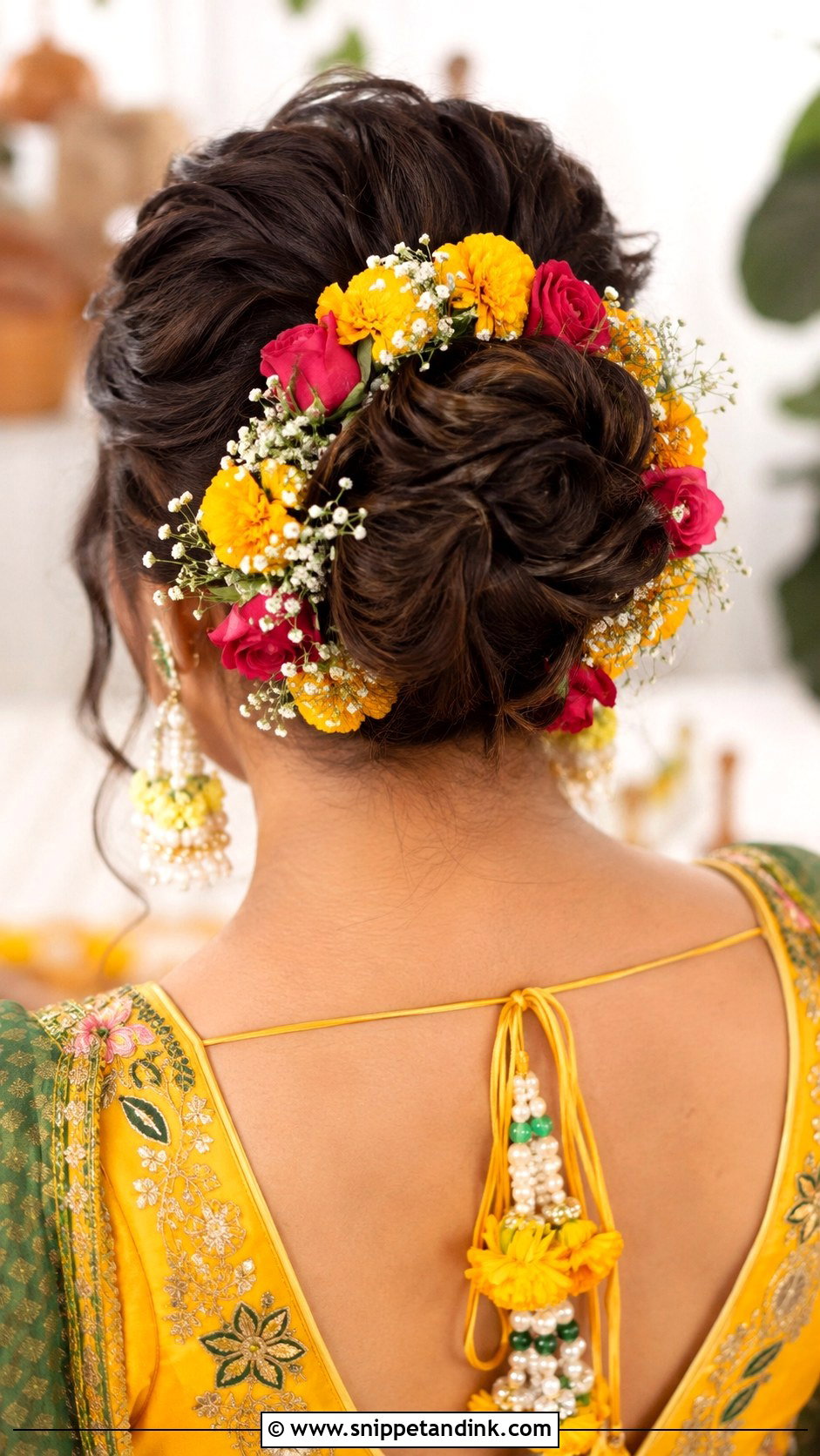 Floral Crown Bun for Mehendi - Snippet and Ink - 25 Hindu Bride Hairstyle Ideas