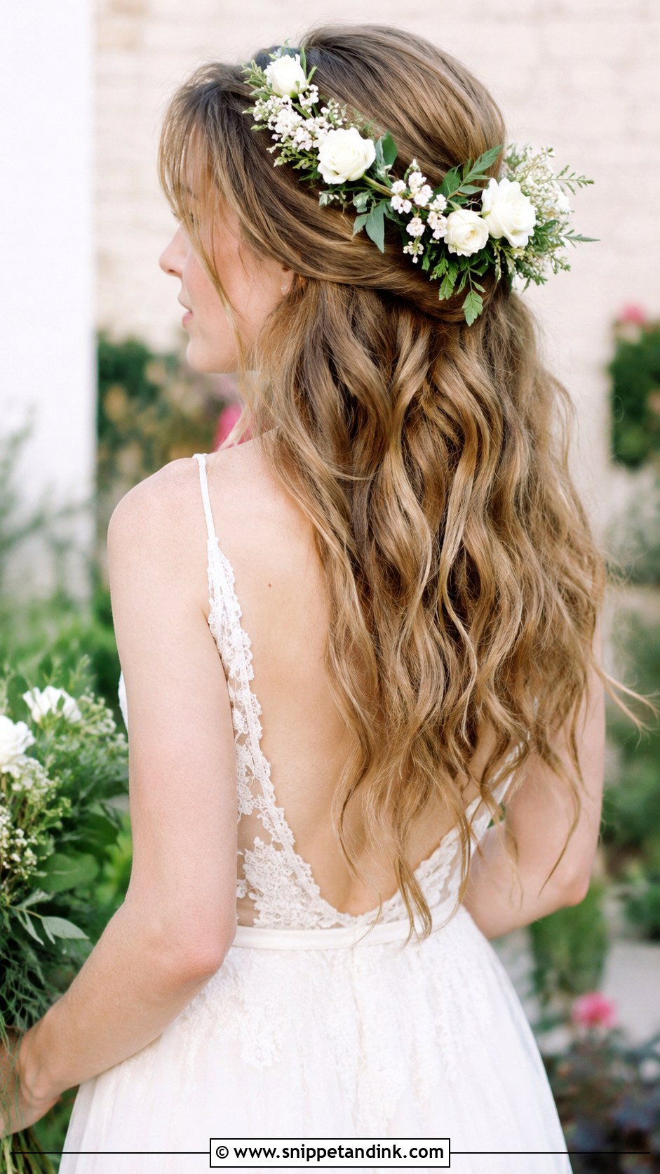 Floral Crown Half Up - Snippet and Ink - 25 Medium Length Bridal Hair Ideas