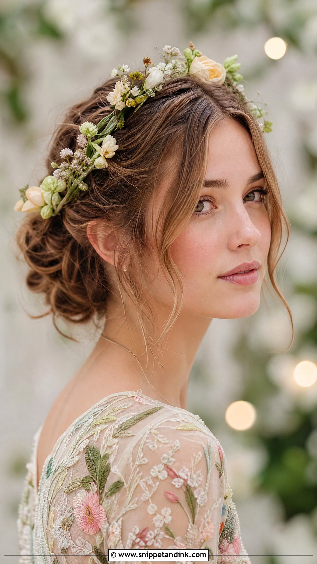 Floral Crown Updo With Curtain Bangs - Snippet and Ink - 20 Wedding Hairstyles Bangs
