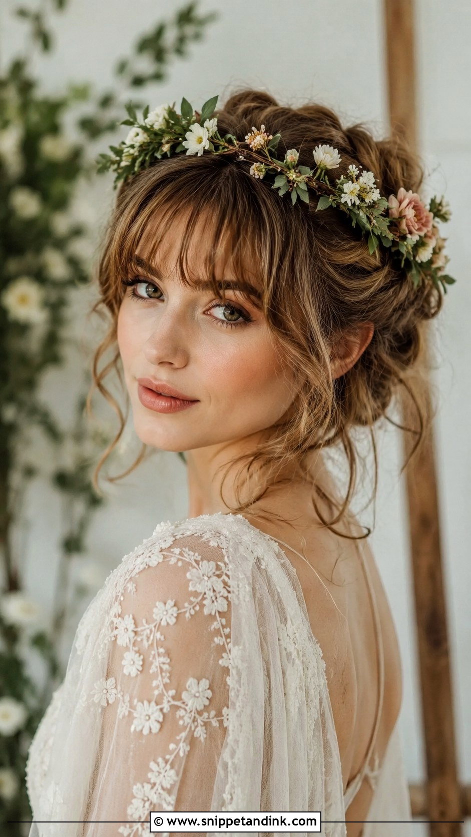 Floral Crown Updo with Bangs - Snippet and Ink - 25 Bridal Hairstyles with Bangs