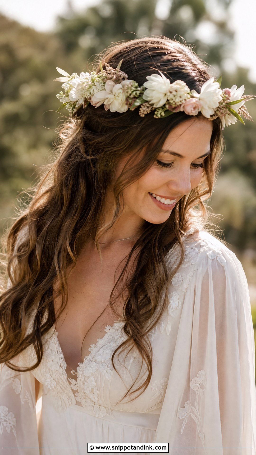 Floral Crown Wedding Hair for Medium Hair - Snippet and Ink - 20 Medium Hair Wedding Styles
