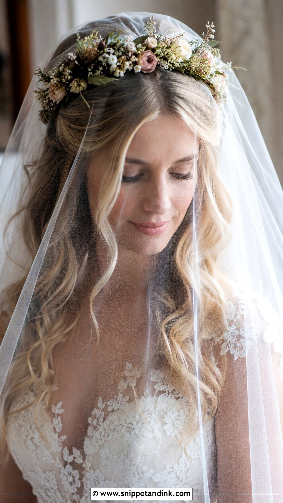 Floral Crown With Blusher Veil And Hair Down - Snippet and Ink - 25 Blusher Veil with Hair Down Ideas
