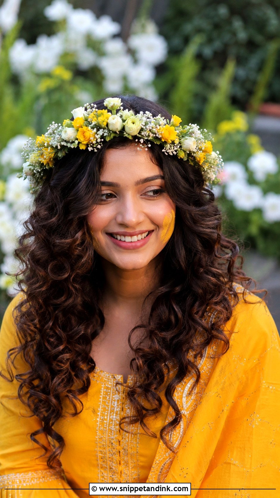 Floral Crown With Curls - Snippet and Ink - 25 Indian Wedding Hairstyle for Short Hair Ideas