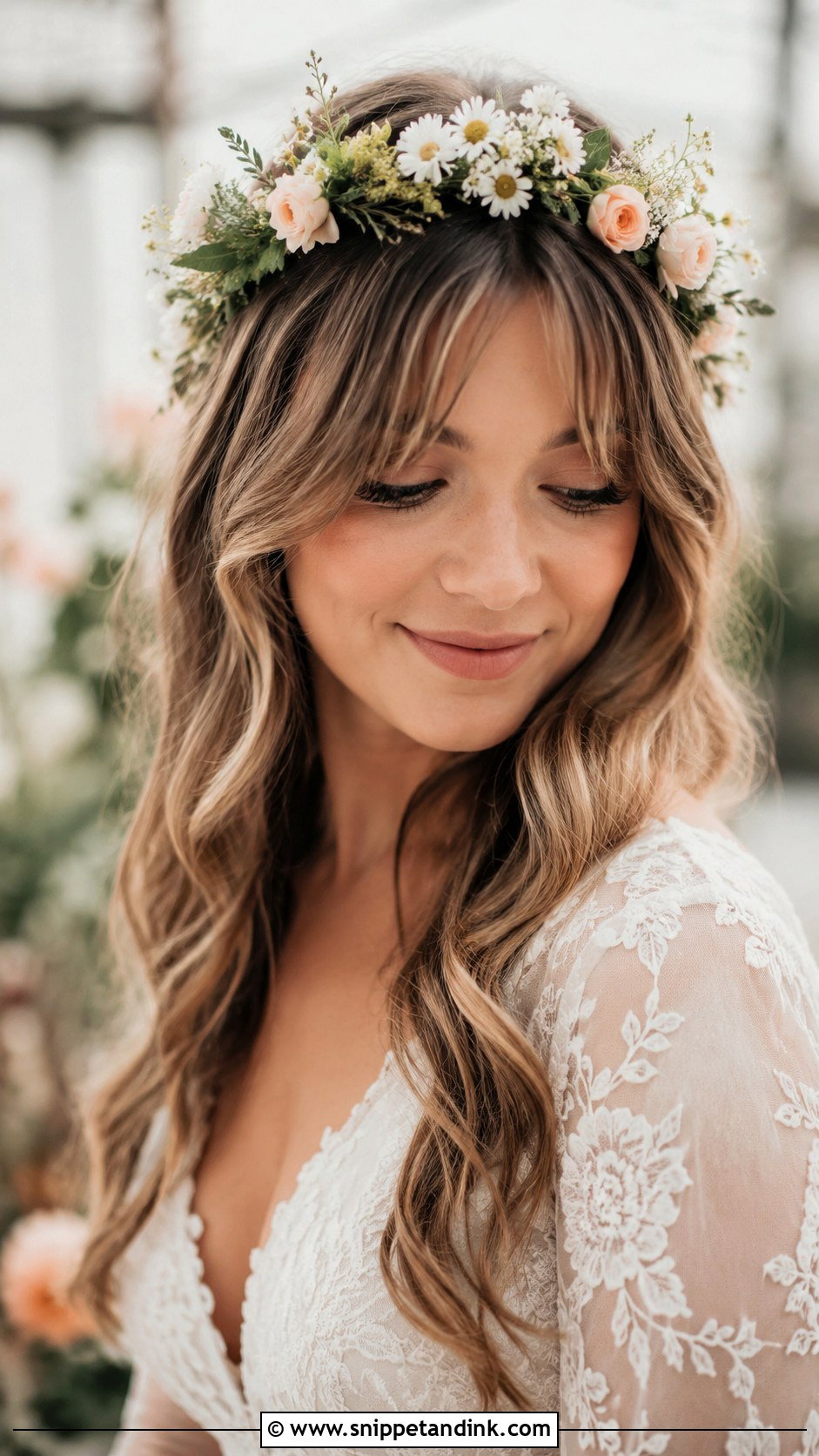 Floral Crown With Curtain Bangs - Snippet and Ink - 20 Wedding Hair with Curtain Bangs Ideas