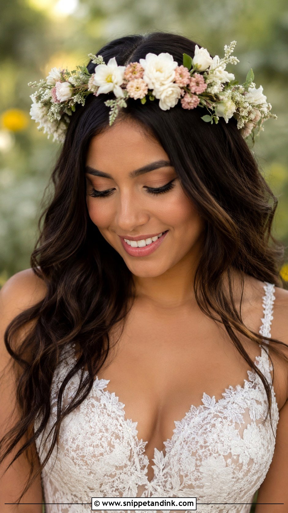 Floral Crown With Down Hair - Snippet and Ink - 25 Shoulder Length Bridal Hair Ideas