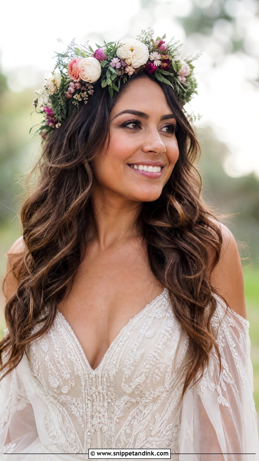 Floral Crown With Down Hair - Snippet and Ink - 20 Timeless Wedding Hair Ideas