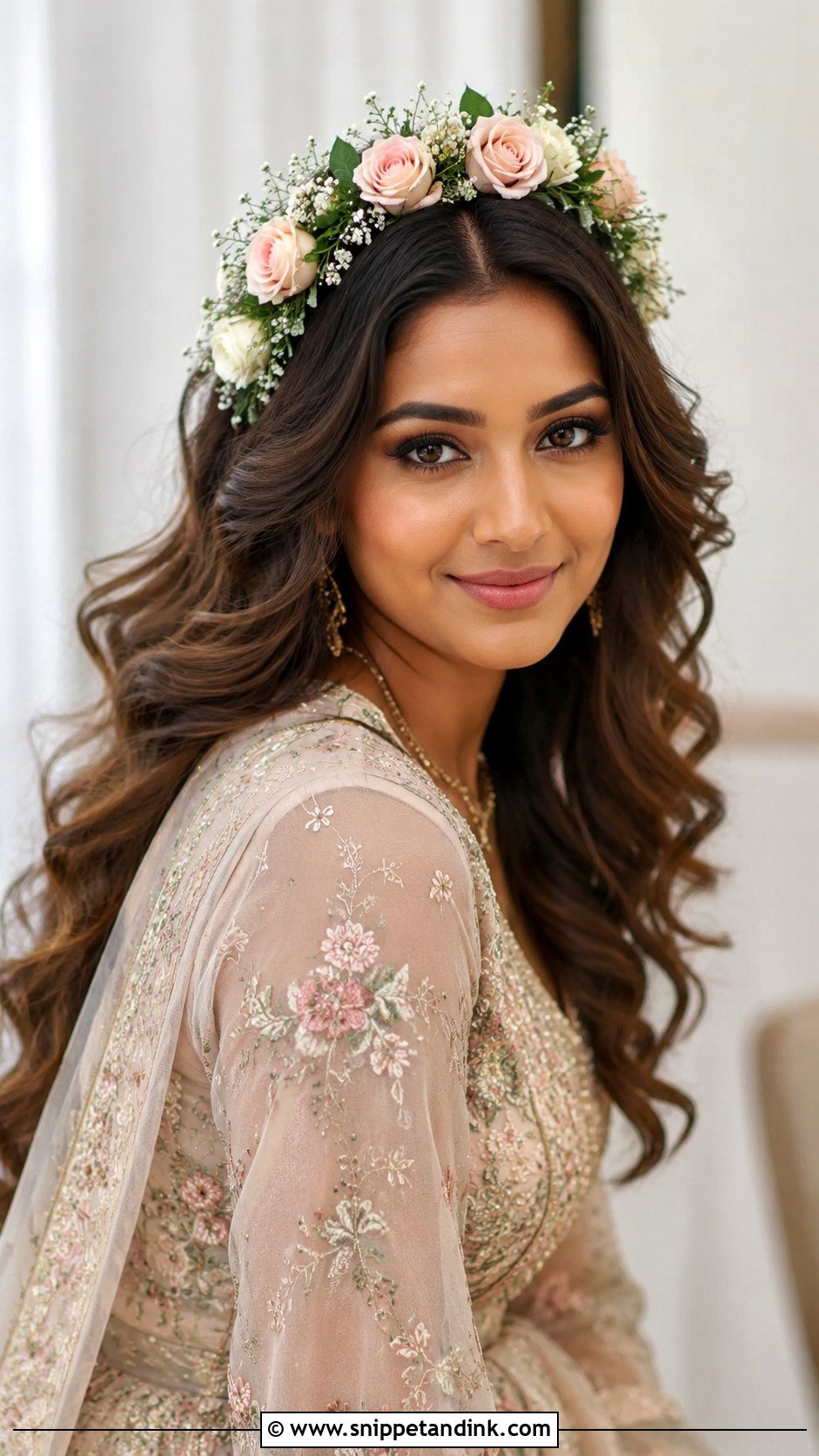 Floral Crown With Flowing Hair - Snippet and Ink - 25 Asian Bridal Hair Ideas