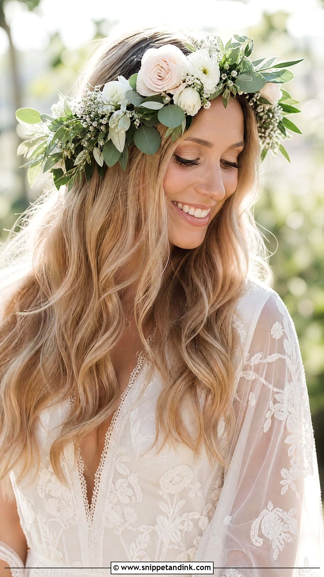 Floral Crown With Flowing Hair - Snippet and Ink - 20 Western Wedding Hair Ideas