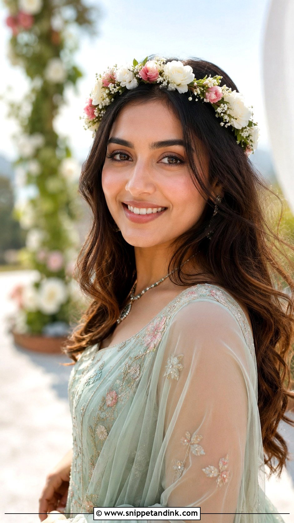 Floral Crown With Loose Hair - Snippet and Ink - 20 Indian Bridal Hair Ideas