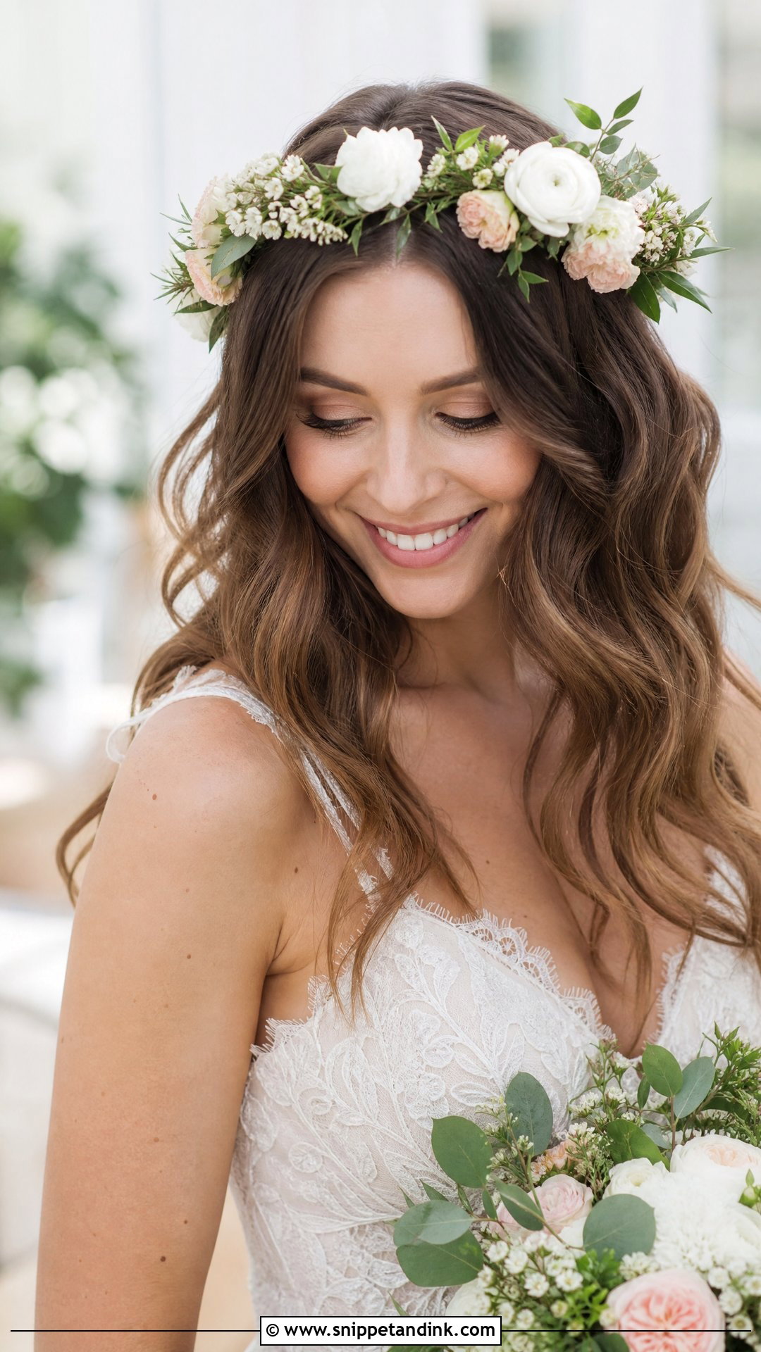Floral Crown With Loose Hair - Snippet and Ink - 30 Wedding Hair Do Ideas