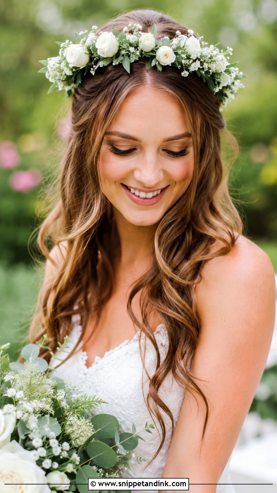 Floral Crown With Loose Waves - Snippet and Ink - 25 Wedding Hairstyles with Flowers