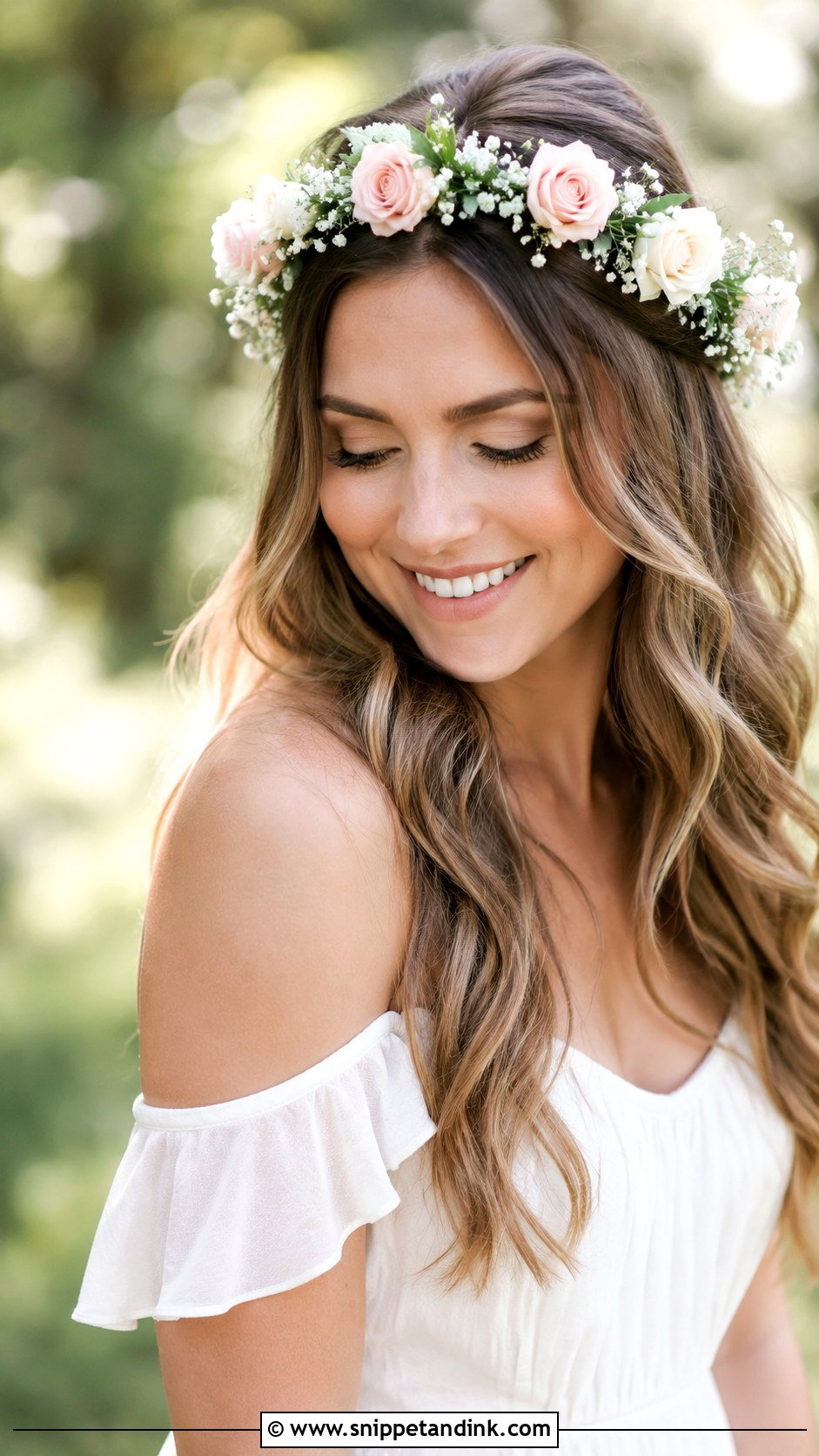 Floral Crown With Loose Waves - Snippet and Ink - 30 Hairstyles for Engagement Bride