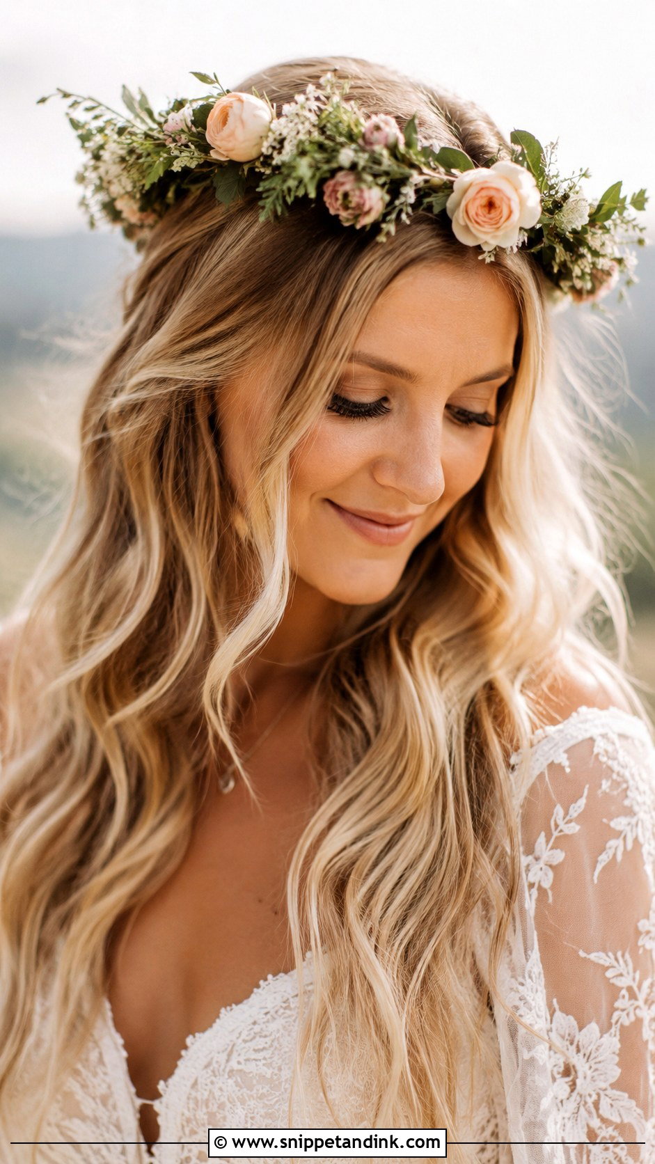 Floral Crown With Loose Waves - Snippet and Ink - 30 Long Hair Wedding Styles