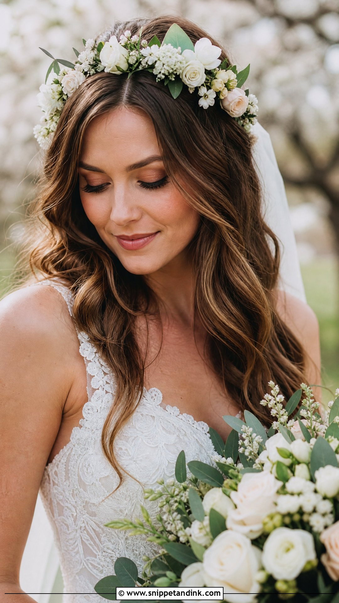 Floral Crown With Loose Waves - Snippet and Ink - 20 Wedding Hairstyles Shoulder Length Hair