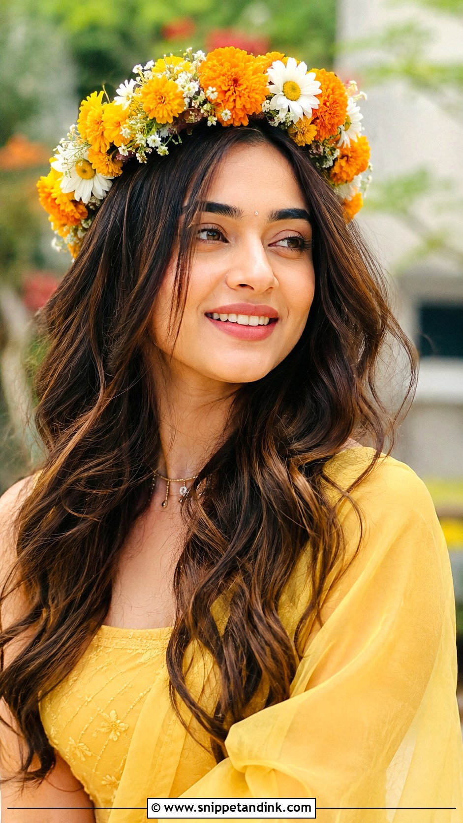 Floral Crown With Loose Waves - Snippet and Ink - 25 Hairstyles for Haldi Ceremony