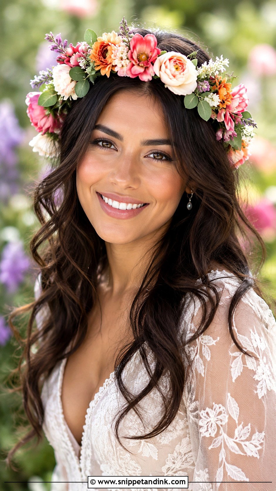 Floral Crown With Loose Waves - Snippet and Ink - 25 Summer Wedding Hair Ideas