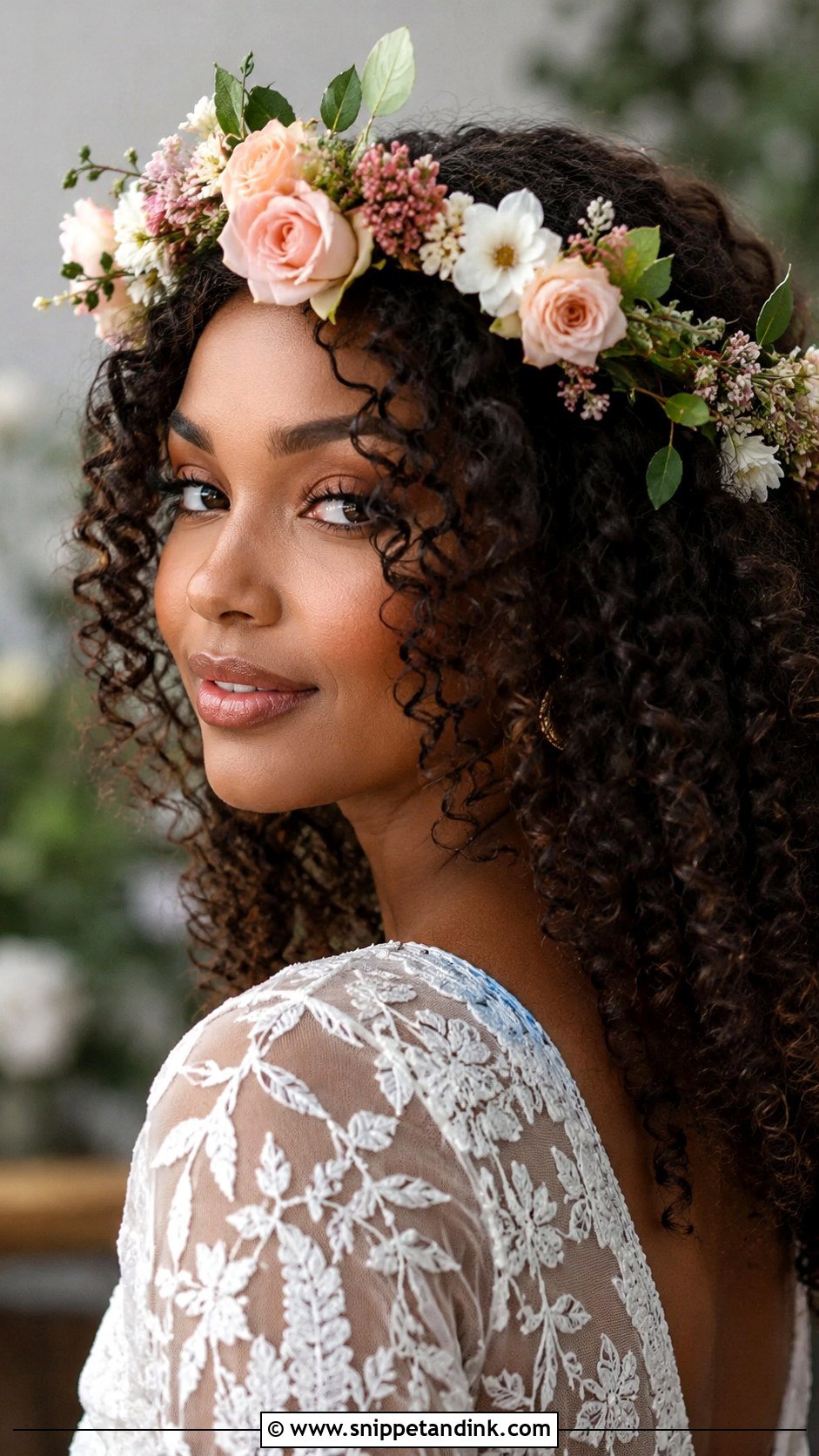 Floral Crown With Natural Curls - Snippet and Ink - 30 Natural Hair Wedding Ideas