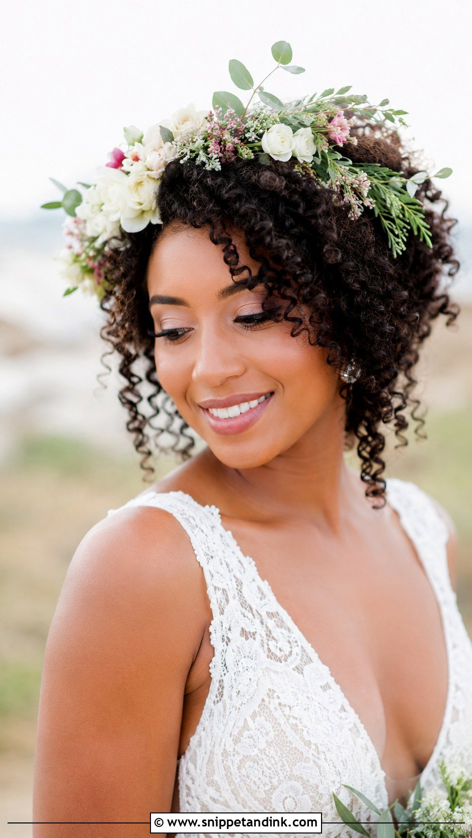 Floral Crown With Natural Curls - Snippet and Ink - 20 Afro Wedding Hair Ideas