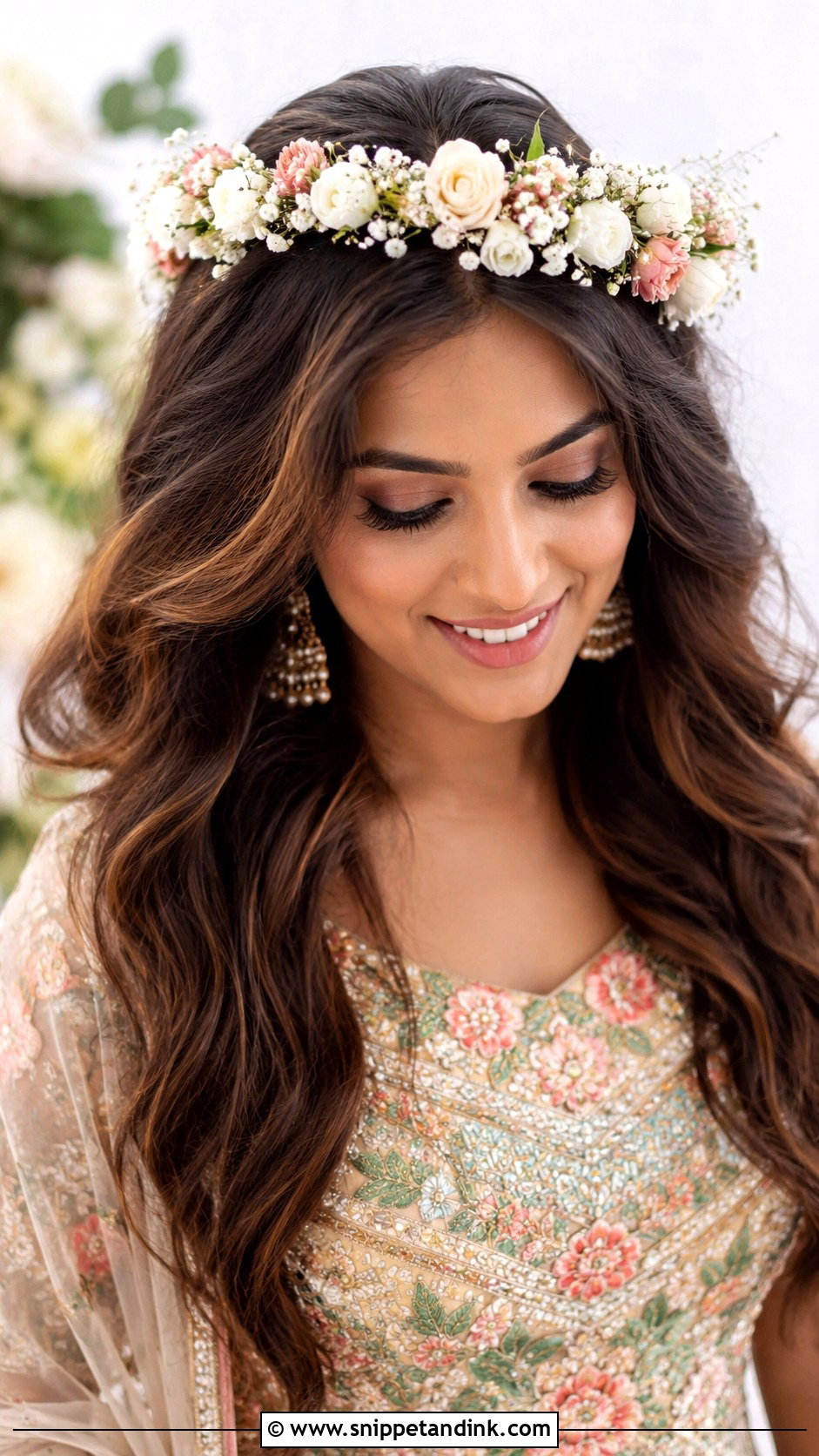 Floral Crown With Open Hair - Snippet and Ink - 20 Mehendi Bride Hairstyle Ideas