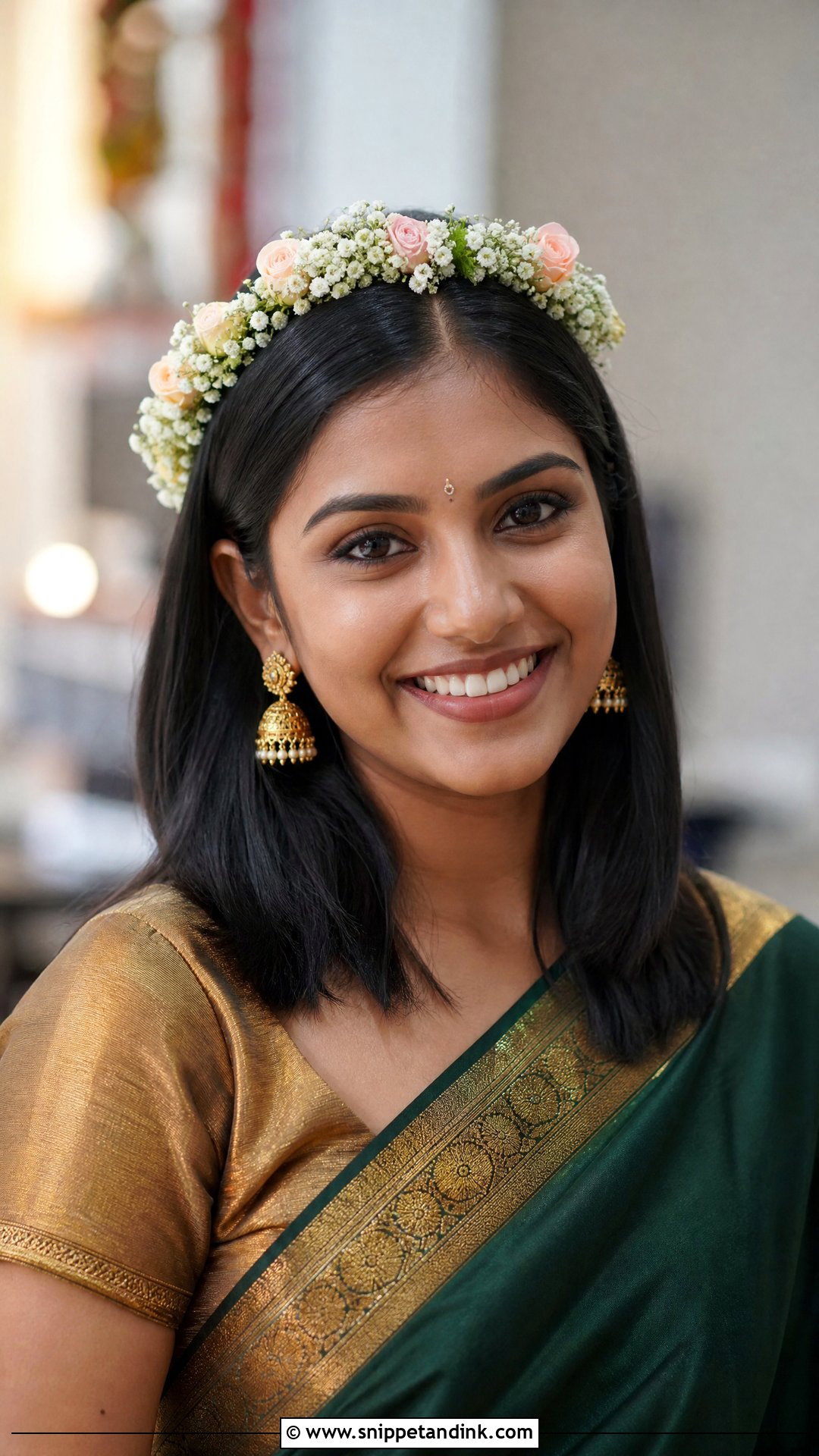 Floral Crown With Open Hair - Snippet and Ink - 20 South Indian Wedding Hairstyles for Short Hair