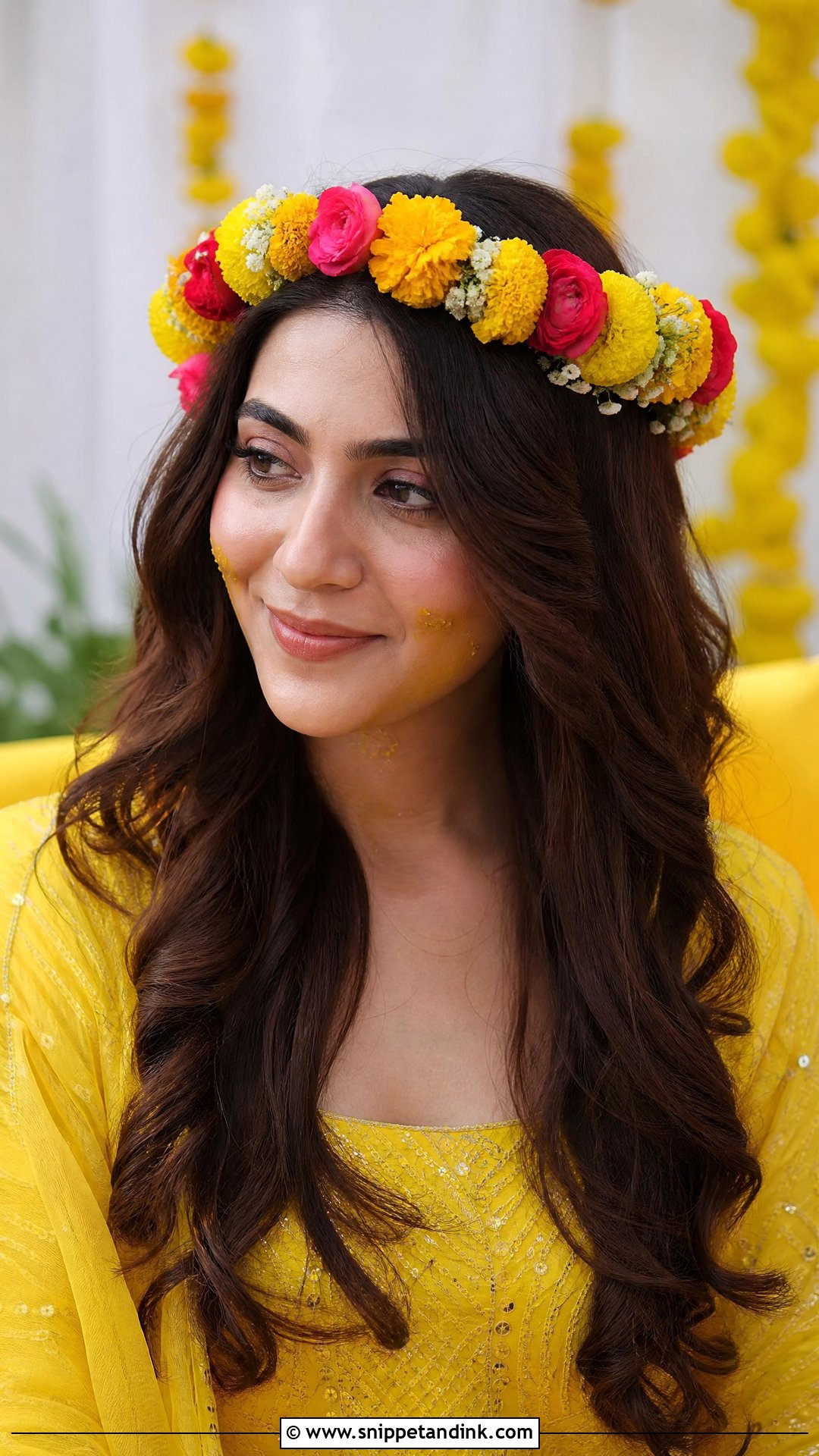 Floral Crown With Open Hair - Snippet and Ink - 20 Haldi Bridal Hairstyle Ideas