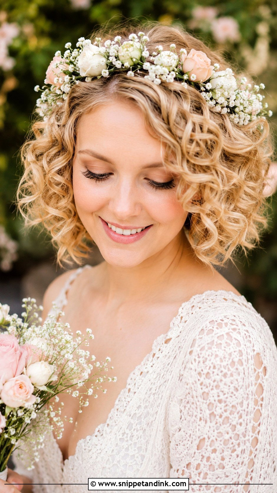 Floral Crown With Short Curls - Snippet and Ink - 20 Short Curly Hair Wedding Ideas