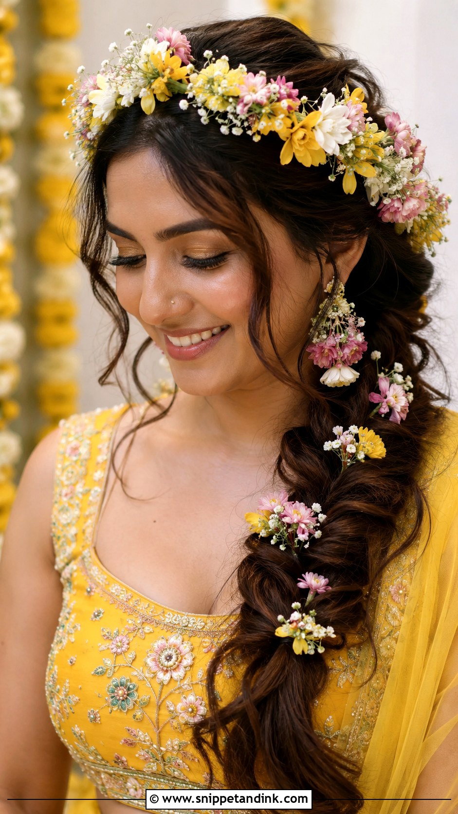 Floral Crown with Loose Braid - Snippet and Ink - 25 Indian Wedding Hairstyles for Bride