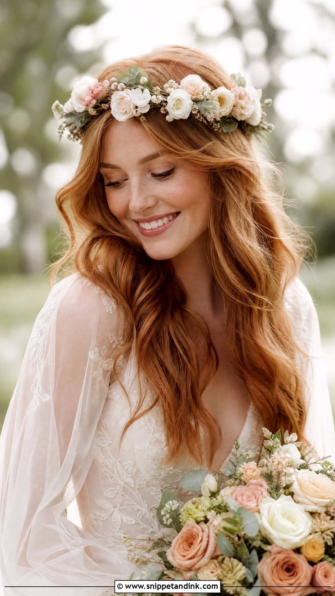 Floral Crown with Loose Waves - Snippet and Ink - 20 Wedding Hair Ideas for Long Hair