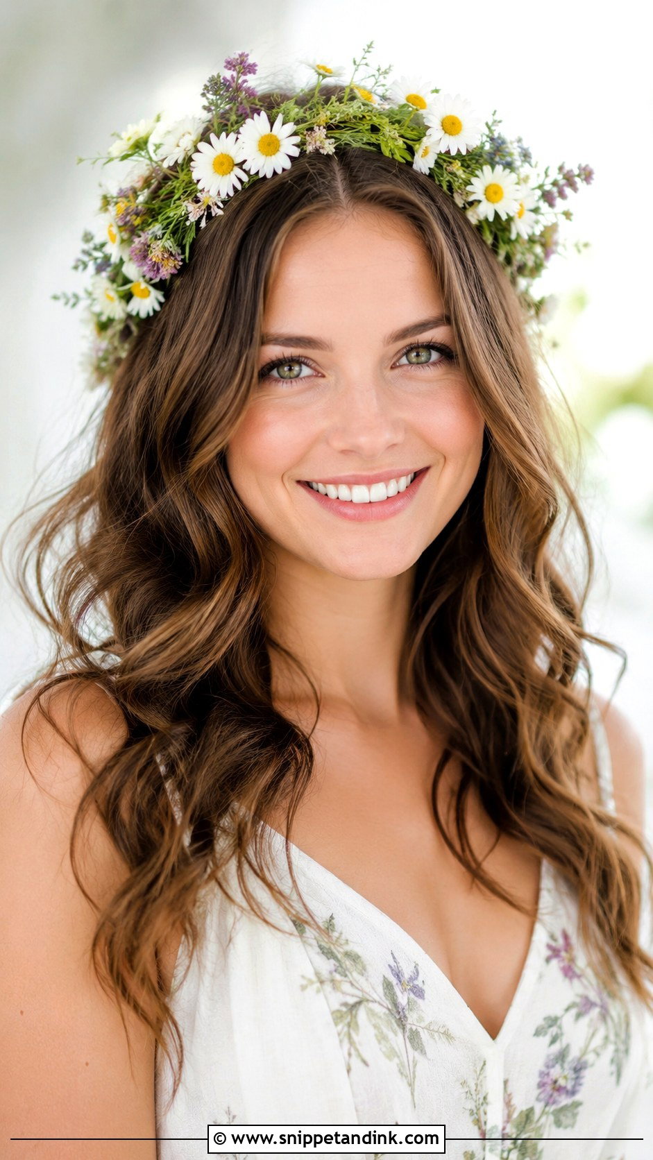 Floral Crown with Loose Waves - Snippet and Ink - 25 Medium Length Bridal Hairstyles