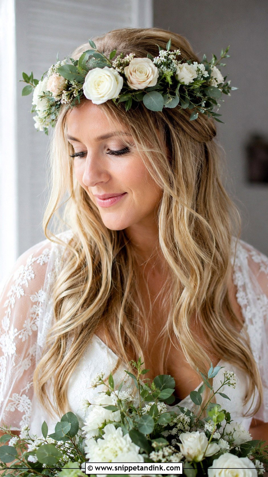 Floral Crown with Loose Waves for Medium Hair - Snippet and Ink - 20 Wedding Hairstyles Medium Hair