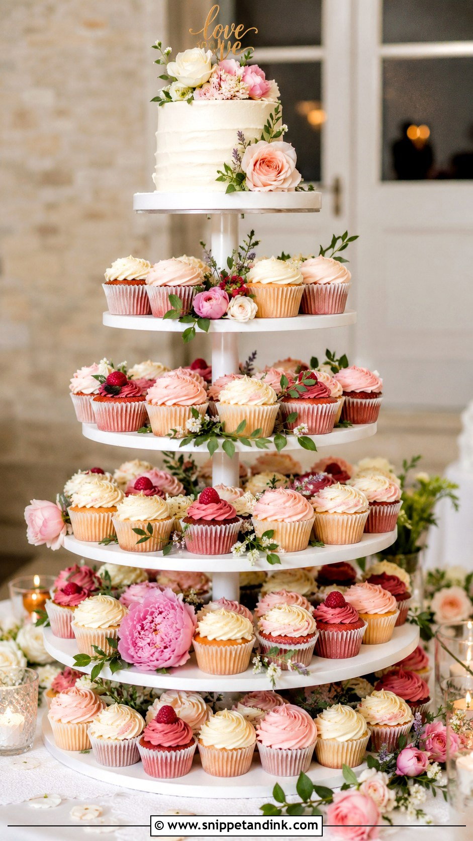 Floral Cupcake Tower Wedding Display - Snippet and Ink - 20 Cupcake Ideas with Flowers for Wedding