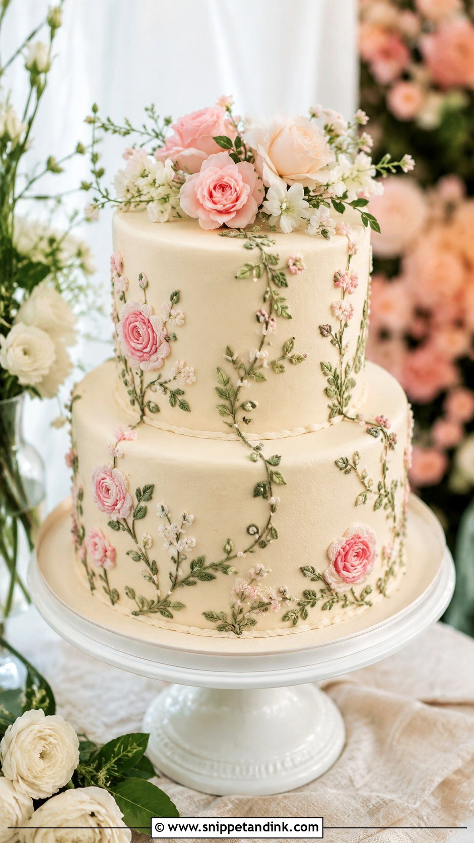 Floral Embroidery Wedding Cake - Snippet and Ink - 20 Embroidery Cake Design Ideas for Wedding
