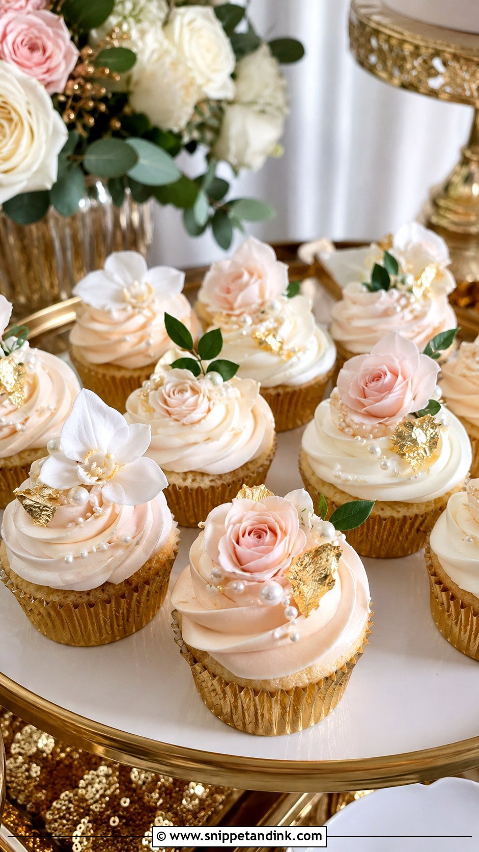Floral Gold Wedding Cupcakes - Snippet and Ink - 20 Cupcake Ideas with Flowers for Wedding