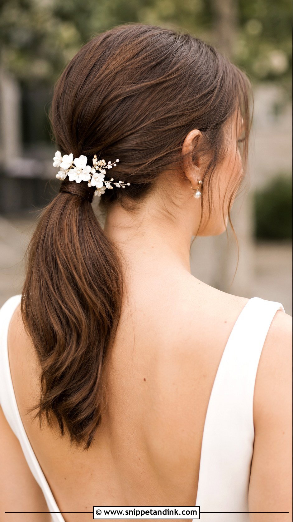 Floral Hair Pins With a Low Ponytail - Snippet and Ink - 20 Bridal Hair Pin Ideas