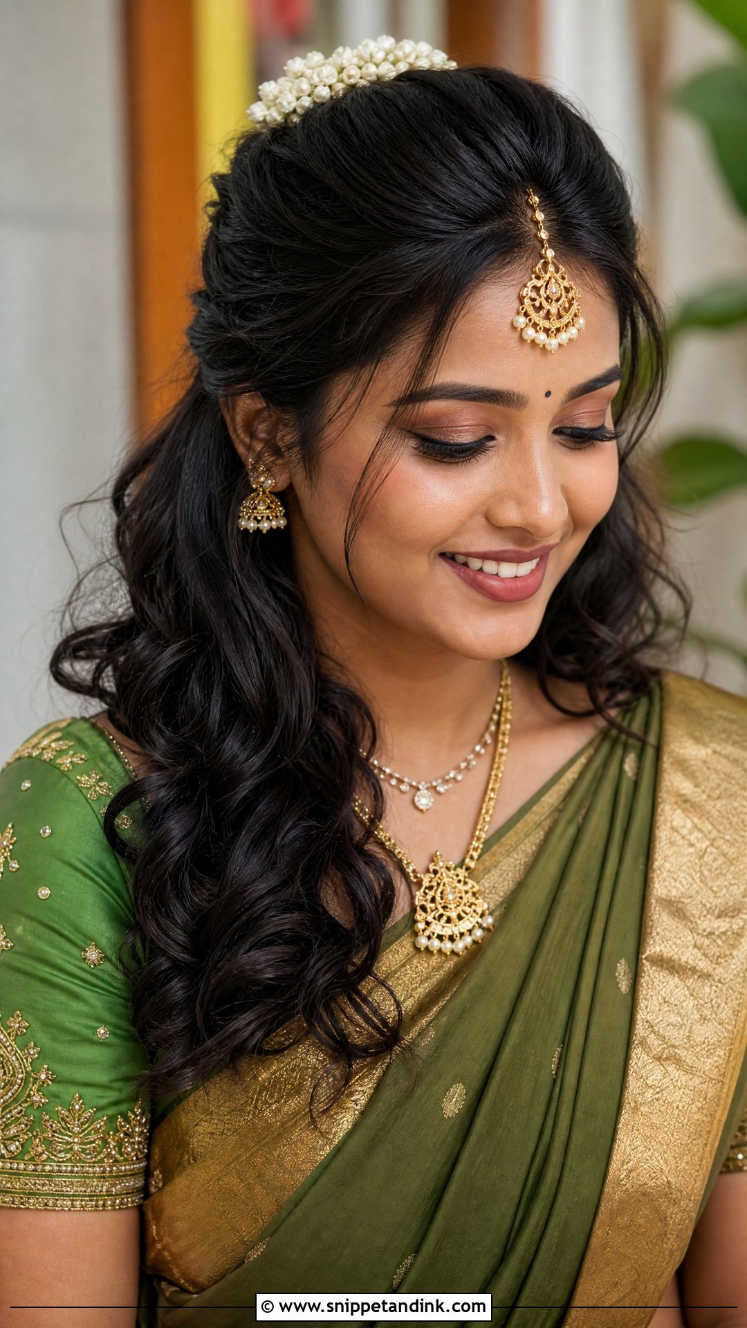 Floral Half Bun With Open Curls - Snippet and Ink - 20 South Indian Wedding Hairstyles for Short Hair