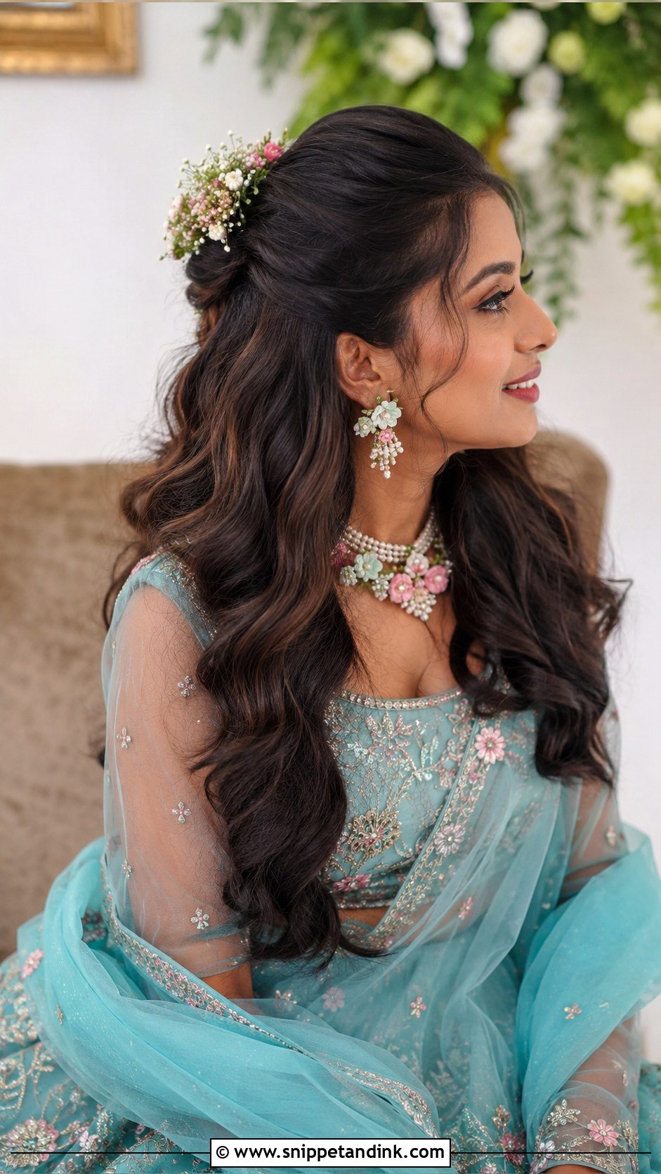 Floral Half Bun With Open Hair - Snippet and Ink - 20 South Indian Bridal Wedding Hairstyles