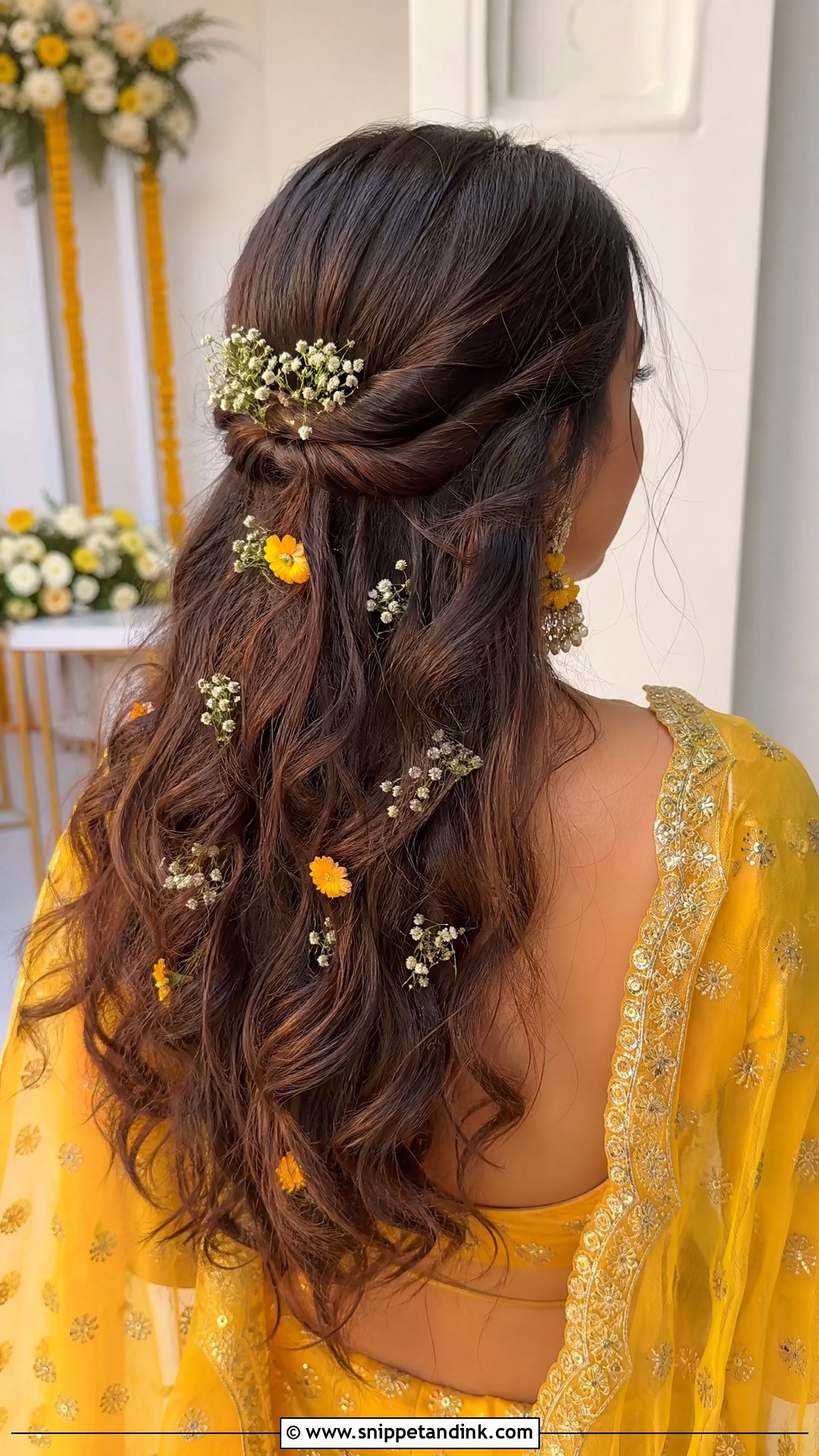 Floral Half Bun With Waves - Snippet and Ink - 20 Haldi Bridal Hairstyle Ideas