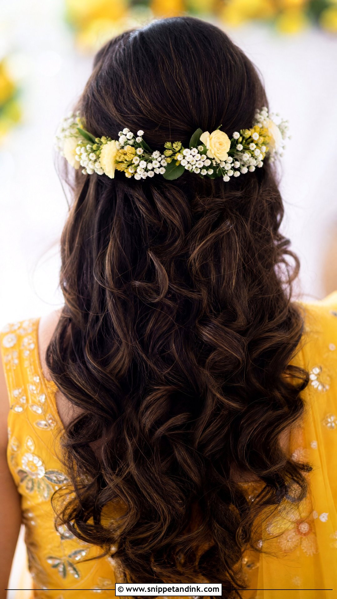 Floral Half Crown With Open Waves - Snippet and Ink - 20 Hairstyle for Haldi Bride Ideas