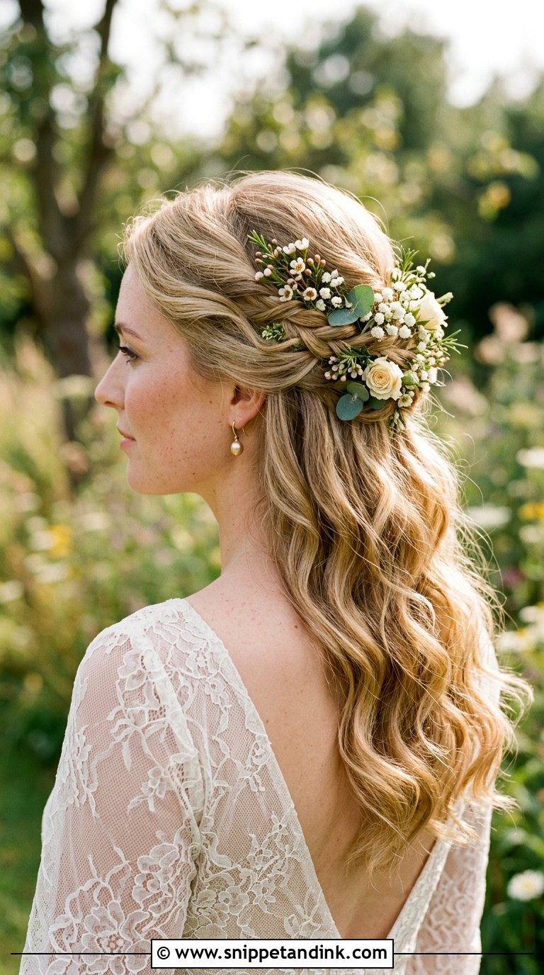 Floral Half Up Wedding Hairstyle - Snippet and Ink - 20 Casual Wedding Hair Ideas