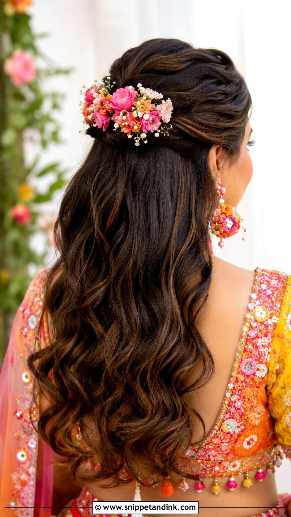 Floral Half Updo - Snippet and Ink - 30 Indian Bridal Hairstyles