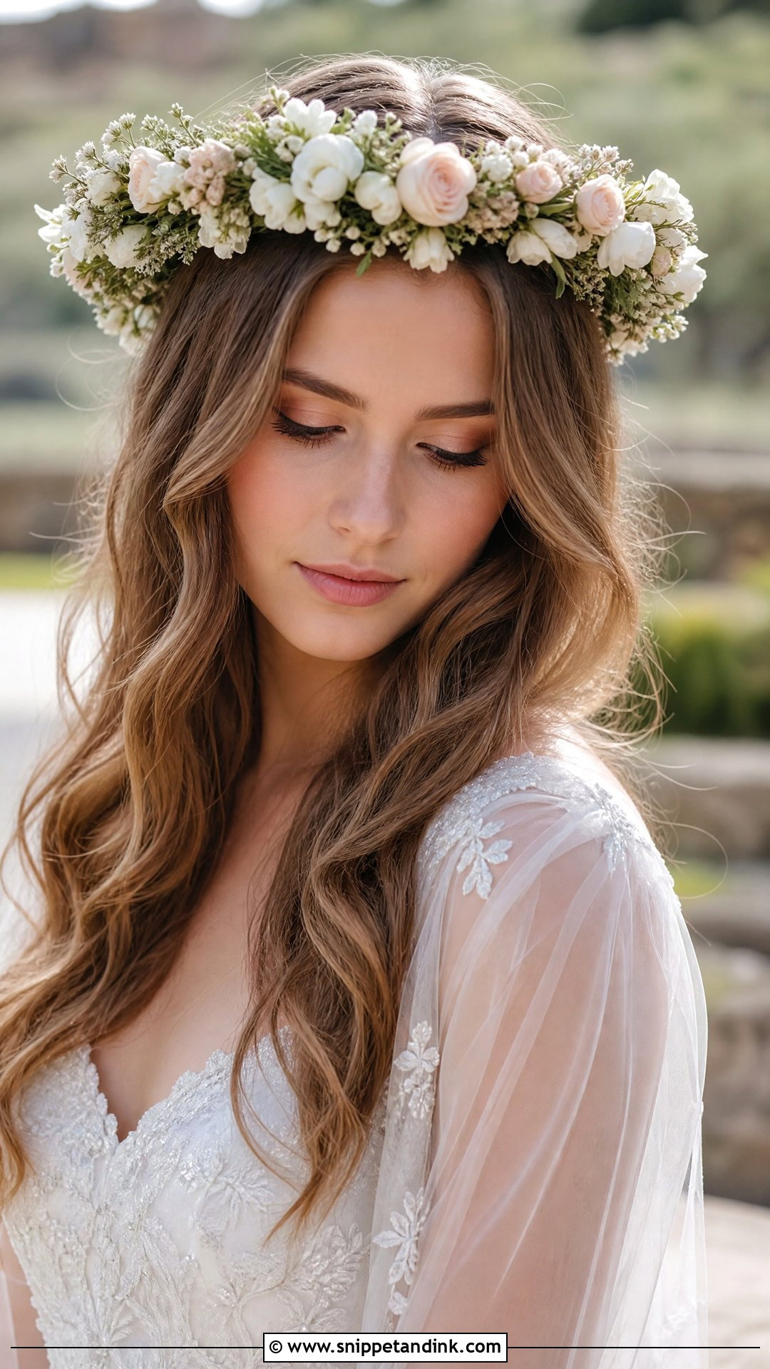 Floral Halo With Down Hairstyle - Snippet and Ink - 20 Wedding Hairstyles with Flower Crown