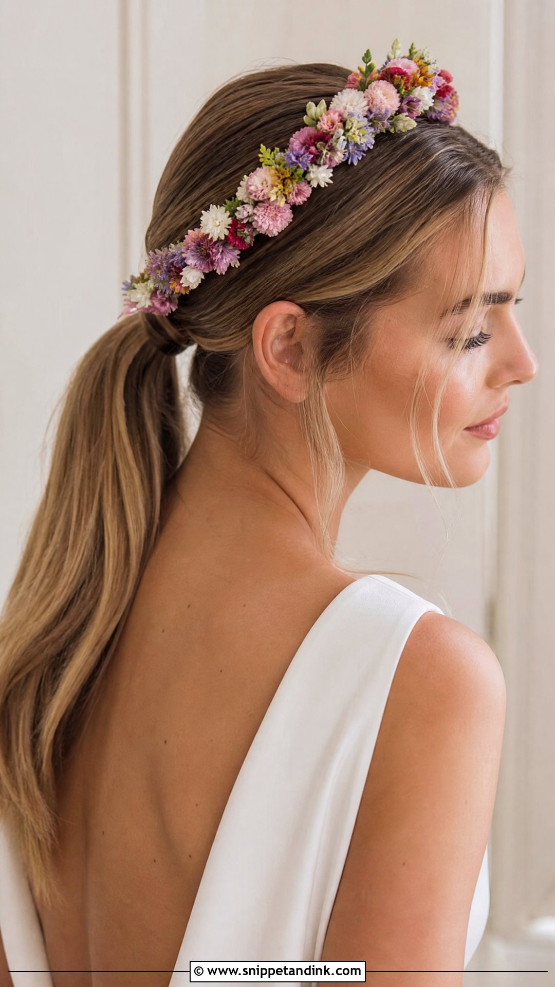 Floral Headband With Low Ponytail - Snippet and Ink - 20 Bridal Hair Headband Ideas
