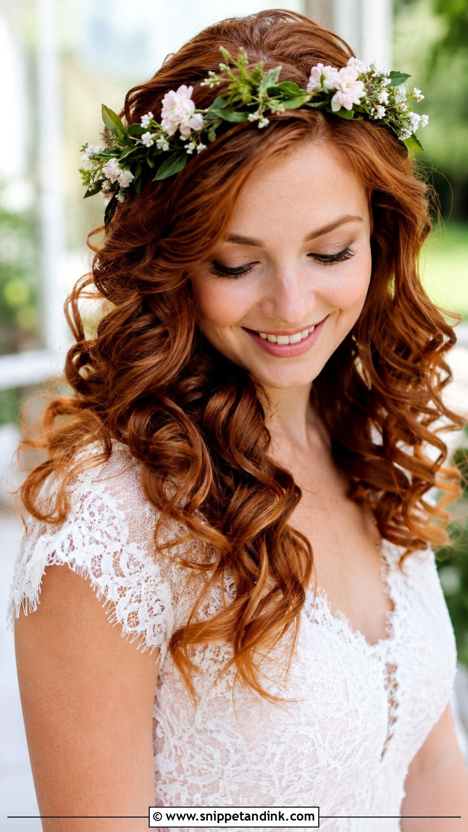 Floral Headband With Soft Curls - Snippet and Ink - 20 Bridal Headband with Hair Down Ideas
