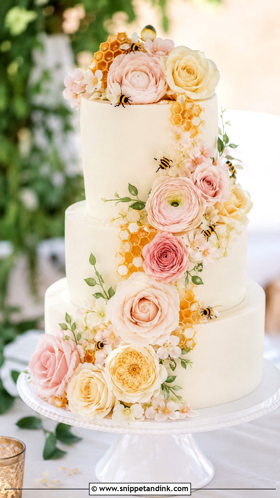 Floral Honey Bee Wedding Cake - Snippet and Ink - 20 Honey Bee Cake Design Ideas for Wedding