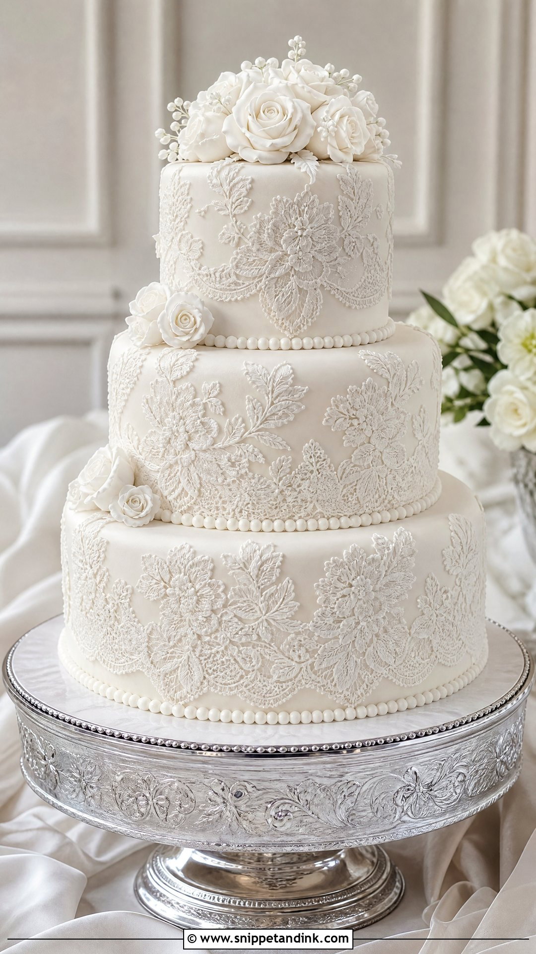 Floral Lace Wedding Cake - Snippet and Ink - 20 Wedding Cake Flowers Ideas