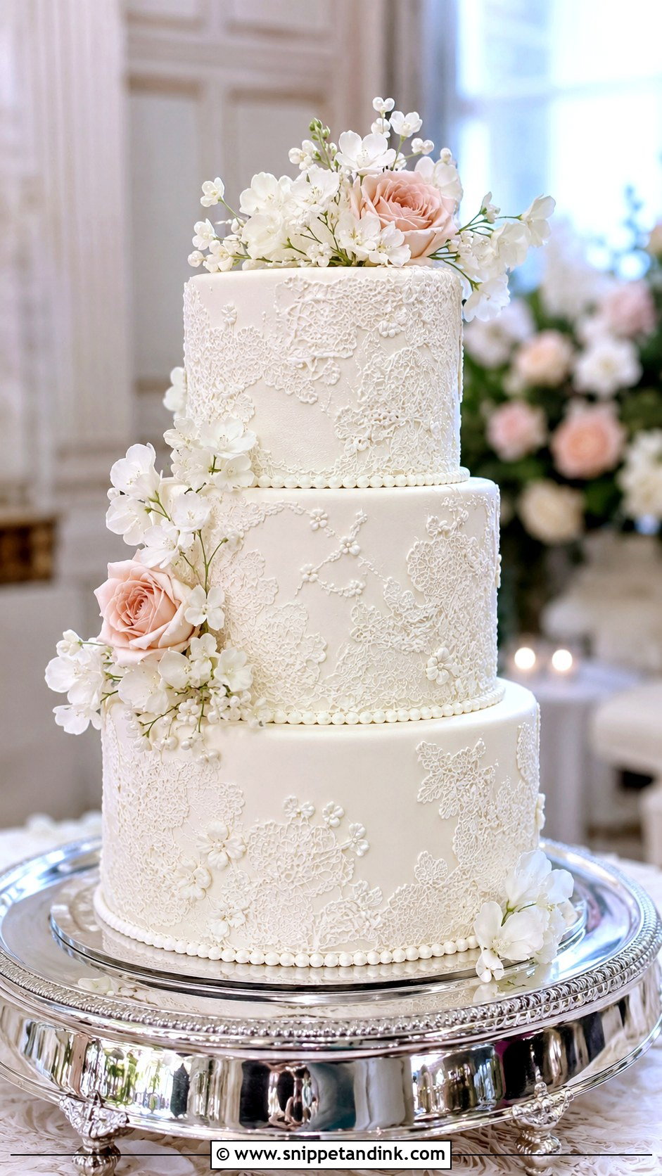 Floral Lace Wedding Cake - Snippet and Ink - 30 Spring Flowers Wedding Cake Ideas