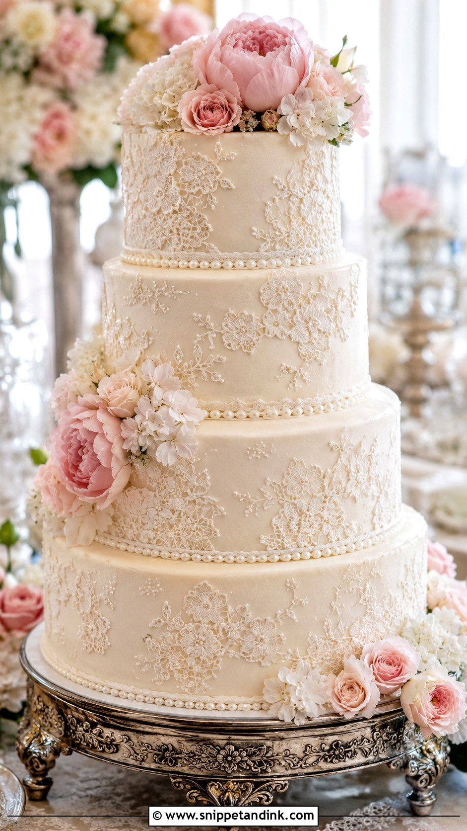 Floral Lace Wedding Cake With Pearl Details - Snippet and Ink - 25 Lace Wedding Cake Ideas with Flowers