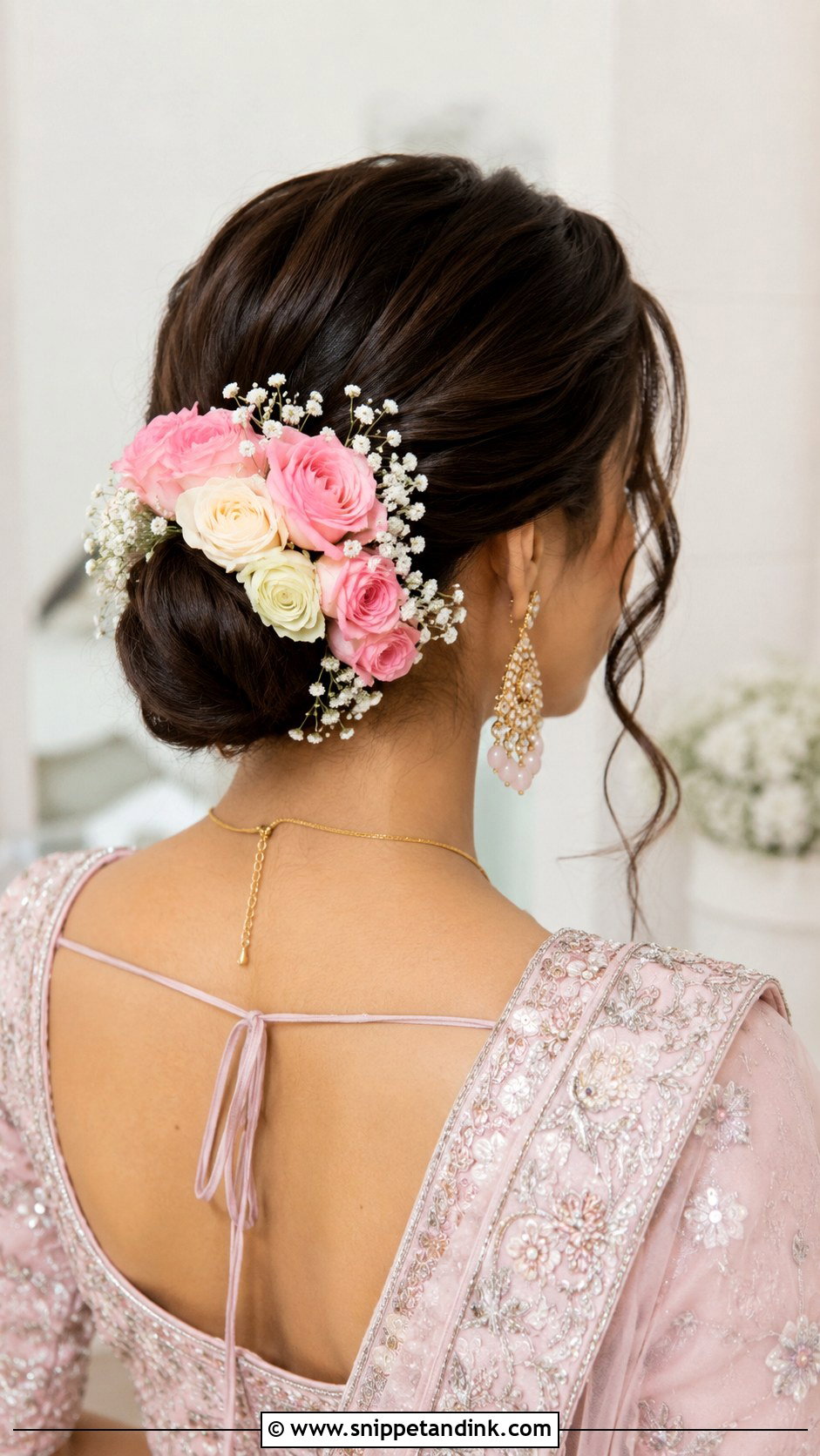 Floral Low Bun - Snippet and Ink - 25 Indian Wedding Hairstyles for Long Hair