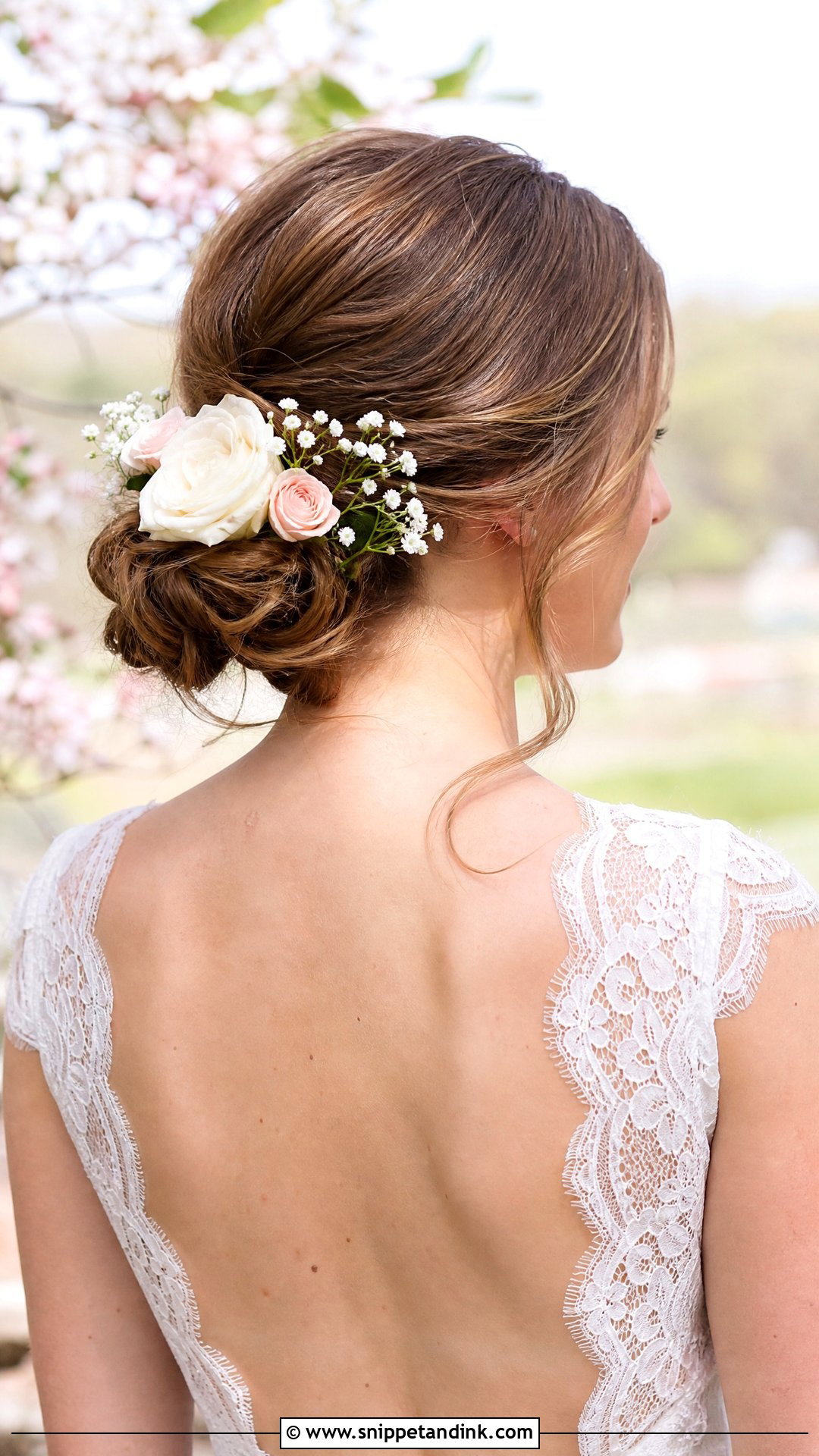 Floral Low Bun Wedding Hairstyle - Snippet and Ink - 20 Medium Wedding Hairstyle Ideas