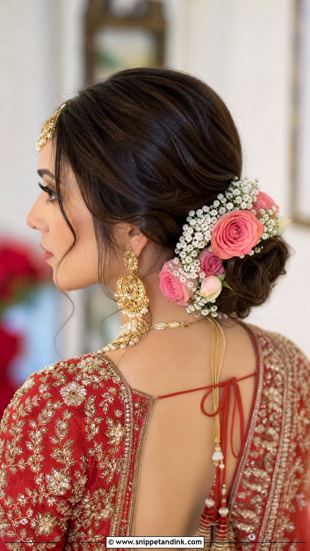 Floral Low Bun for Brides - Snippet and Ink - 20 Desi Wedding Hairstyles for Long Hair